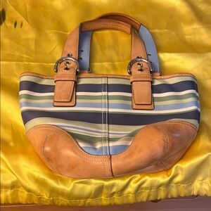 Coach Tan and Blue Mini Bag with Striped Design